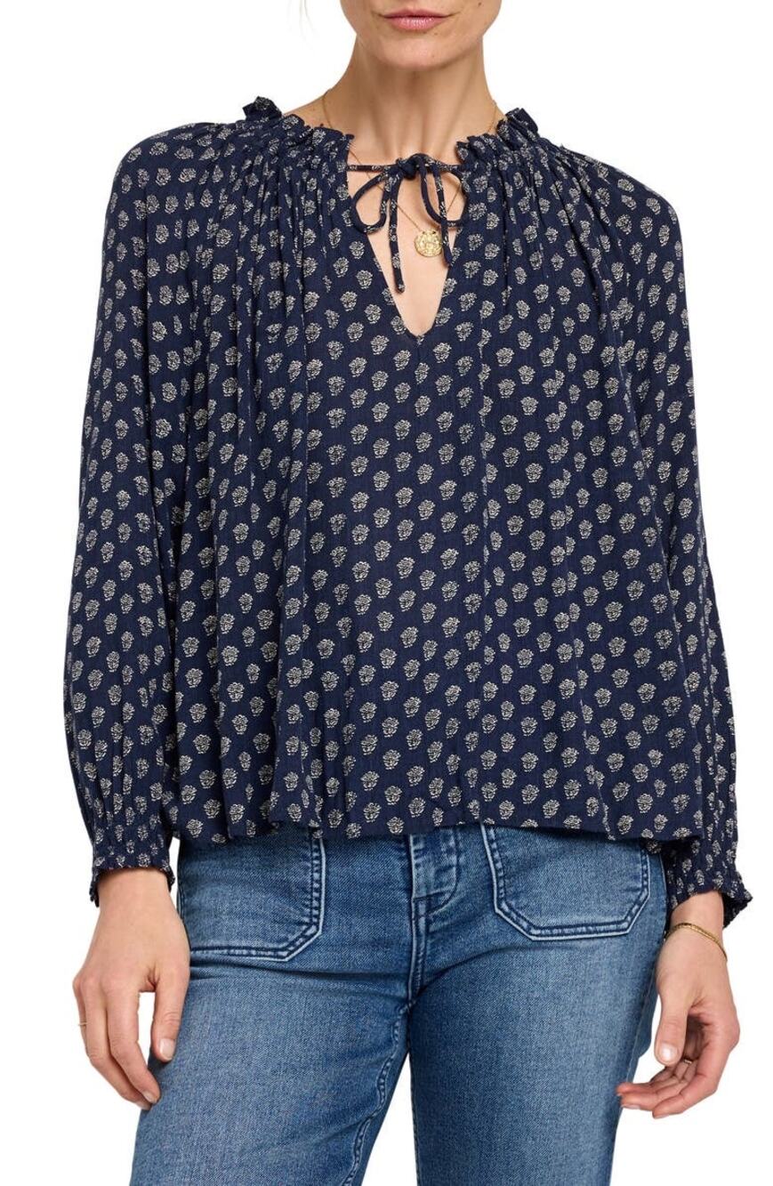 Faherty XS Navy Ivory Block Print Peasant Blouse Tie Neck Long Sleeve Ecovero